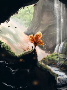 Preview wallpaper silhouette, tree, waterfall, cave, art