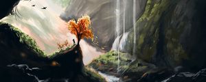 Preview wallpaper silhouette, tree, waterfall, cave, art