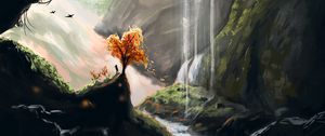 Preview wallpaper silhouette, tree, waterfall, cave, art