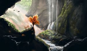 Preview wallpaper silhouette, tree, waterfall, cave, art