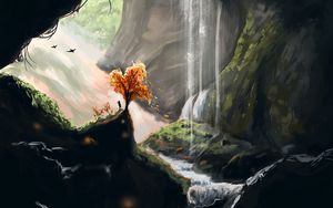 Preview wallpaper silhouette, tree, waterfall, cave, art