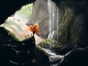 Preview wallpaper silhouette, tree, waterfall, cave, art