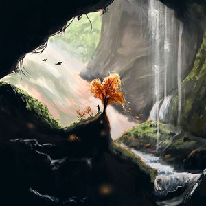 Preview wallpaper silhouette, tree, waterfall, cave, art