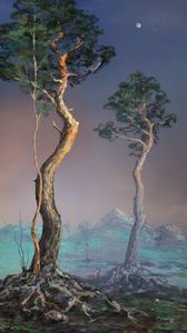 Preview wallpaper silhouette, trees, mountains, landscape, twilight, art