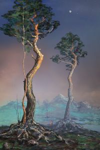 Preview wallpaper silhouette, trees, mountains, landscape, twilight, art