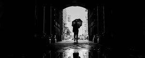 Preview wallpaper silhouette, umbrella, bw, passage, dark