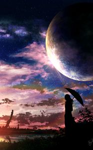 Preview wallpaper silhouette, umbrella, dark, twilight, planets