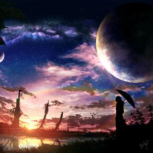 Preview wallpaper silhouette, umbrella, dark, twilight, planets