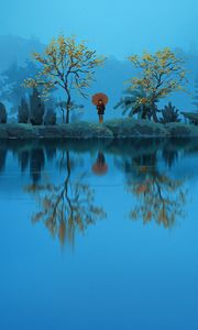 Preview wallpaper silhouette, umbrella, lake, reflection, art
