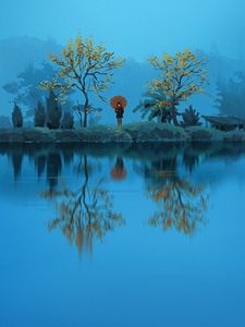 Preview wallpaper silhouette, umbrella, lake, reflection, art