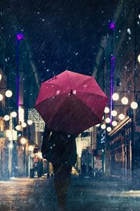 Preview wallpaper silhouette, umbrella, night city, rain, street, city lights