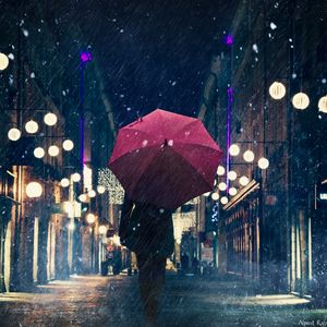 Preview wallpaper silhouette, umbrella, night city, rain, street, city lights