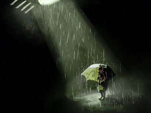 Preview wallpaper silhouette, umbrella, rain, light, beam, art