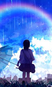 Preview wallpaper silhouette, umbrella, rainbow, rain, art