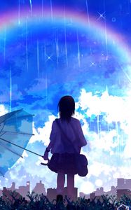 Preview wallpaper silhouette, umbrella, rainbow, rain, art