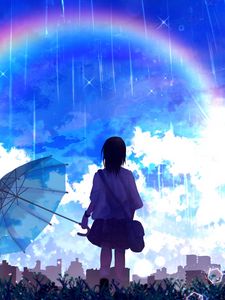 Preview wallpaper silhouette, umbrella, rainbow, rain, art