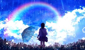 Preview wallpaper silhouette, umbrella, rainbow, rain, art