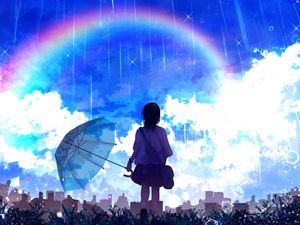 Preview wallpaper silhouette, umbrella, rainbow, rain, art