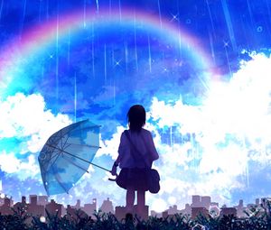 Preview wallpaper silhouette, umbrella, rainbow, rain, art