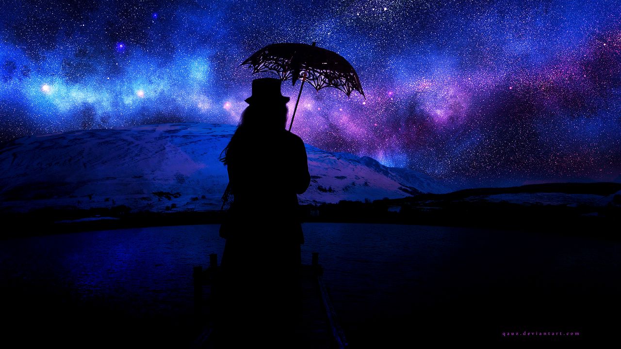 Wallpaper silhouette, umbrella, starry sky, space