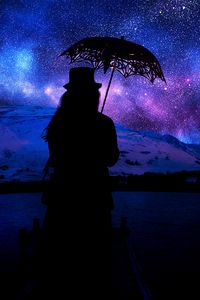 Preview wallpaper silhouette, umbrella, starry sky, space