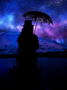 Preview wallpaper silhouette, umbrella, starry sky, space