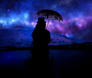 Preview wallpaper silhouette, umbrella, starry sky, space