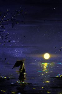 Preview wallpaper silhouette, umbrella, sunset, night, art