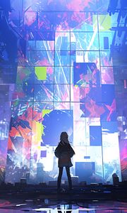 Preview wallpaper silhouette, wall, screens, glow, anime, art