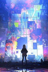 Preview wallpaper silhouette, wall, screens, glow, anime, art