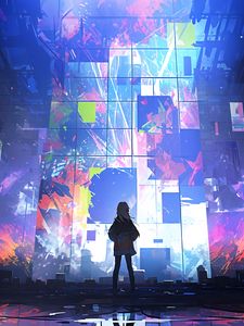 Download wallpaper 240x320 cyberpunk, city, buildings, art, old mobile,  cell phone, smartphone, 240x320 hd image background, 25488