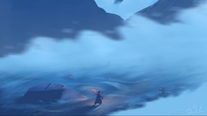 Preview wallpaper silhouette, warrior, mountains, fog, art