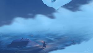 Preview wallpaper silhouette, warrior, mountains, fog, art