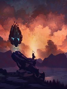 Preview wallpaper silhouette, warrior, sword, rock, fantasy, art