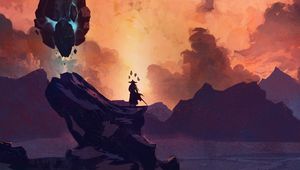 Preview wallpaper silhouette, warrior, sword, rock, fantasy, art