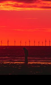 Preview wallpaper silhouette, wind turbines, sunset, horizon, red