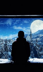Preview wallpaper silhouette, window, lonely, snow, mountains