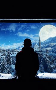 Preview wallpaper silhouette, window, lonely, snow, mountains