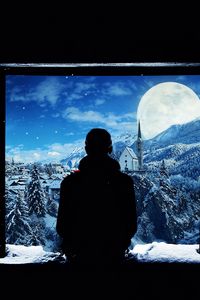 Preview wallpaper silhouette, window, lonely, snow, mountains