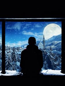 Preview wallpaper silhouette, window, lonely, snow, mountains