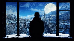Preview wallpaper silhouette, window, lonely, snow, mountains