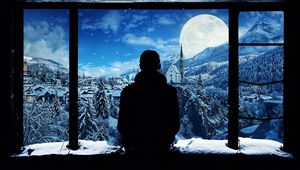 Preview wallpaper silhouette, window, lonely, snow, mountains