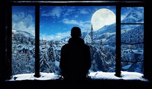 Preview wallpaper silhouette, window, lonely, snow, mountains