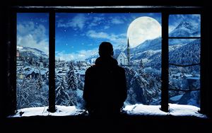 Preview wallpaper silhouette, window, lonely, snow, mountains
