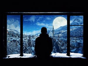 Preview wallpaper silhouette, window, lonely, snow, mountains