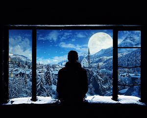 Preview wallpaper silhouette, window, lonely, snow, mountains