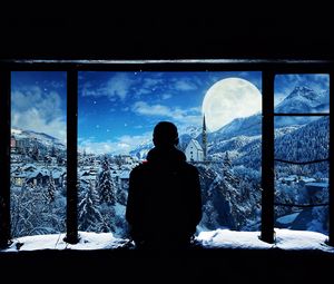 Preview wallpaper silhouette, window, lonely, snow, mountains