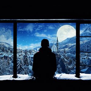 Preview wallpaper silhouette, window, lonely, snow, mountains
