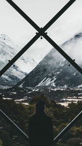 Preview wallpaper silhouette, window, mountains, view, landscape