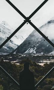 Preview wallpaper silhouette, window, mountains, view, landscape